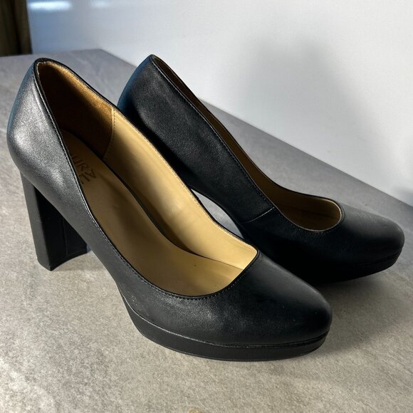 Naturalizer SZ 9.5 Berlin Black Leather Platform Block Heel Pump Timeless Career - Picture 2 of 7